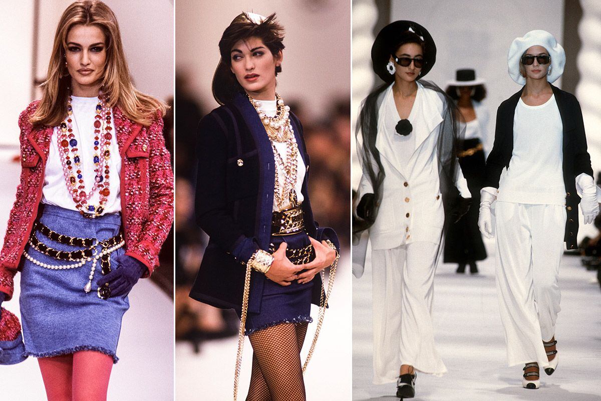 Desde la izda.: dos propuestas del desfile de Chanel O-I 1991/92 y de la colección P-V 1991 de la misma marca (un claro un homenaje de Lagerfeld a uno de los primeros hitos de Gabrielle Chanel, que se hizo célebre como costurera adaptando el tejido de punto a conjuntos de calle confortables en las primeras décadas del siglo XX).