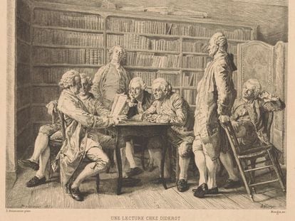 'Lectura en casa de Diderot', grabado de Alfred Salmon de 1878.