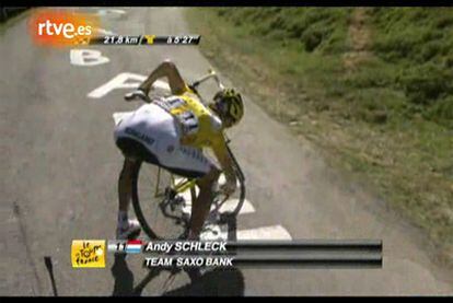 Captura de televisión del instante en el que el ciclista Andy Schleck intenta colocar la cadena de su bicicleta.