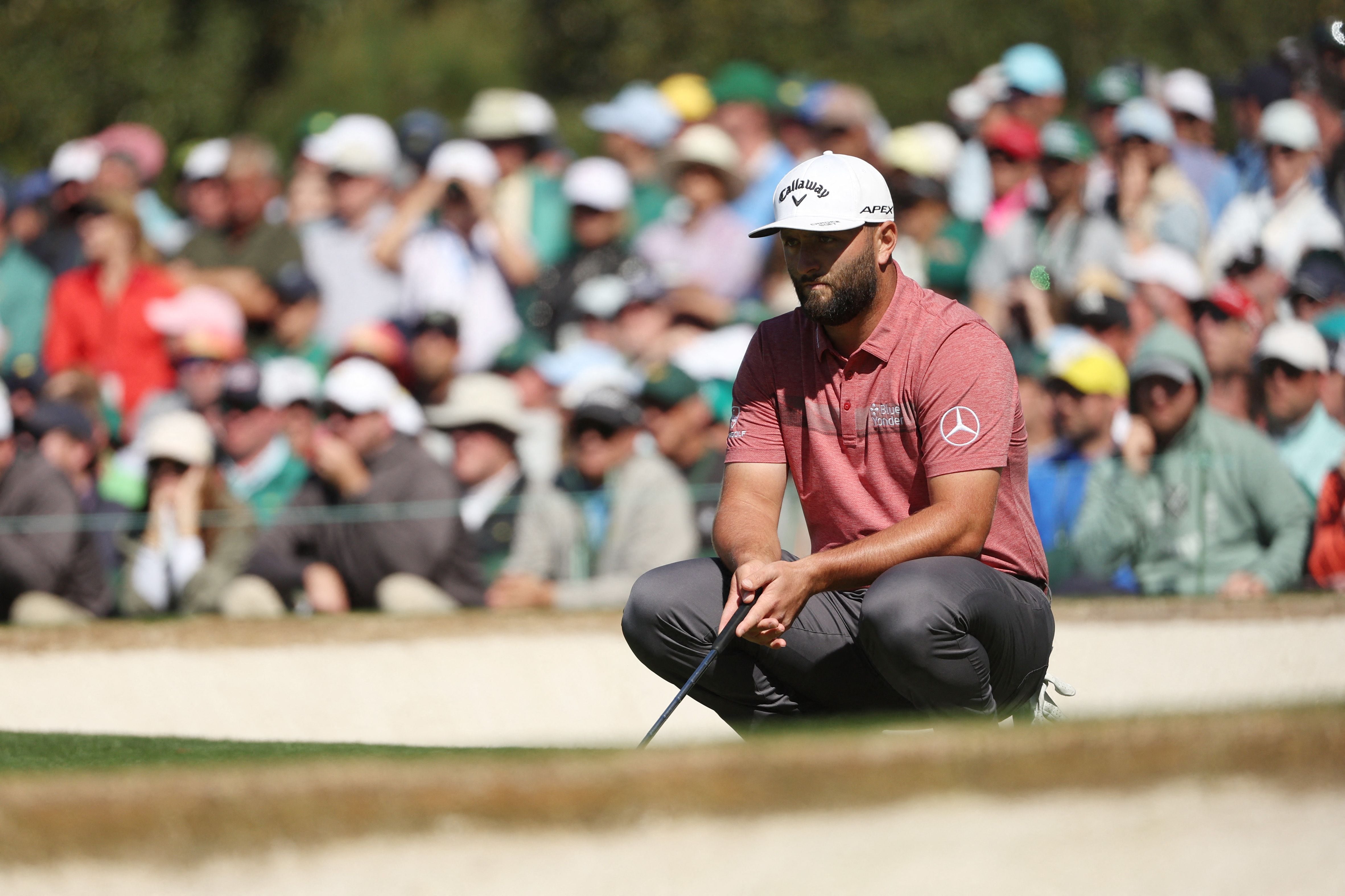 AUGUSTA, GEORGIA - APRIL 09: Jon Rahm of Spain looks over a putt on the seventh green during the final round of the 2023 Masters Tournament at Augusta National Golf Club on April 09, 2023 in Augusta, Georgia.   Patrick Smith/Getty Images/AFP (Photo by Patrick Smith / GETTY IMAGES NORTH AMERICA / Getty Images via AFP)