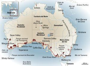 Mapa de Australia con la ruta de Perth a Sídney.