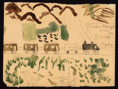 Dibujo de Margit Koretzová (1930-1944) en el campo de Terezín. Friedl Dicker-Brandeis (1898–1944) puso en marcha un programa clandestino para que los niños dibujasen su experiencia en el campo.