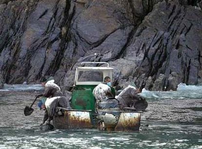 Marineros recogiendo chapapote junto a las islas Cíes.
