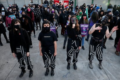 Members of feminist group Las Tesis, who created the performance piece "Un violador en tu camino" (A rapist in your path), take part in a feminist rally calling for a new Constitution in Valparaiso, Chile, October 14, 2020. REUTERS/Rodrigo Garrido
