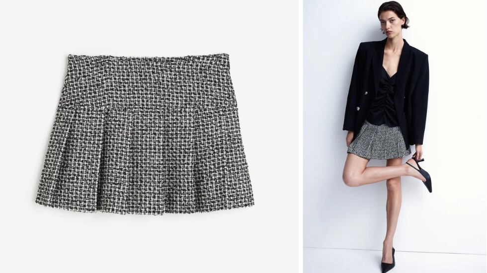 Minifalda de cuadros tableada en blanco y negro para mujer. H&M. Tendencia Otoño 2023-2024.
