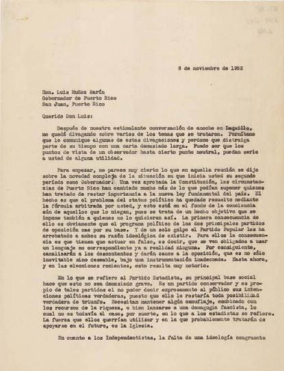 Carta de Francisco Ayala a la gobernador de Puerto Rico en 1952, Luis Muñoz Marín.