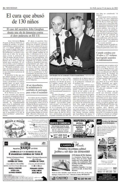 Página de EL PAÍS del 21 de marzo de 2002 sobre el escándalo de abusos en EEUU y que tanto atormenta a Pica.