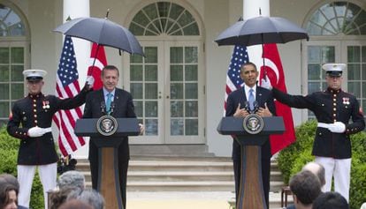 El presidente de EE UU, Barack Obama, y el primer ministro turco, Recep Erdogan, en la rueda de prensa en la Casa Blanca.