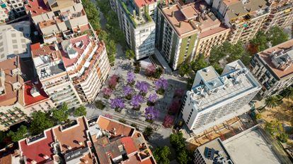 La plaza que se creará en el cruce entre Borrell y Consell de Cent dentro del programa Superilla Barcelona, en una imagen virtual.