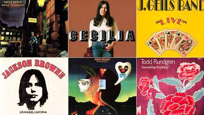 Discos que cumplen 50 años en 2022. Arriba, de izquierda a derecha, álbumes de David Bowie, Cecilia y J. Geils Band. Abajo, Jackson Browne, Nick Drake y Todd Rundgren.