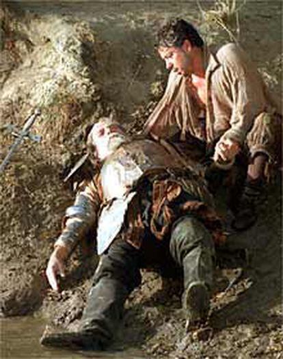 Juan Luis Galiardo y Carlos Iglesias, durante el rodaje de <i>El caballero Don Quijote.</i>