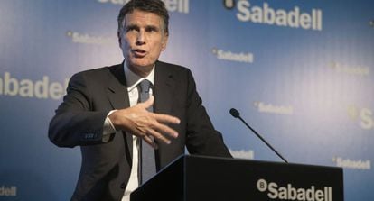 El consejero delegado del Sabadell, Jaime Guardiola, durante la presentación de resultados de junio de 2018.
