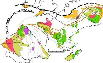 Esquema geológico del occidente de Europa, antes de la apertura del Golfo de Vizcaya.