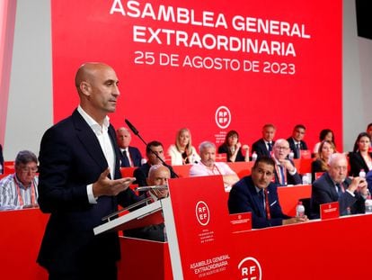 Luis Rubiales, durante su comparecencia de este viernes en Las Rozas.