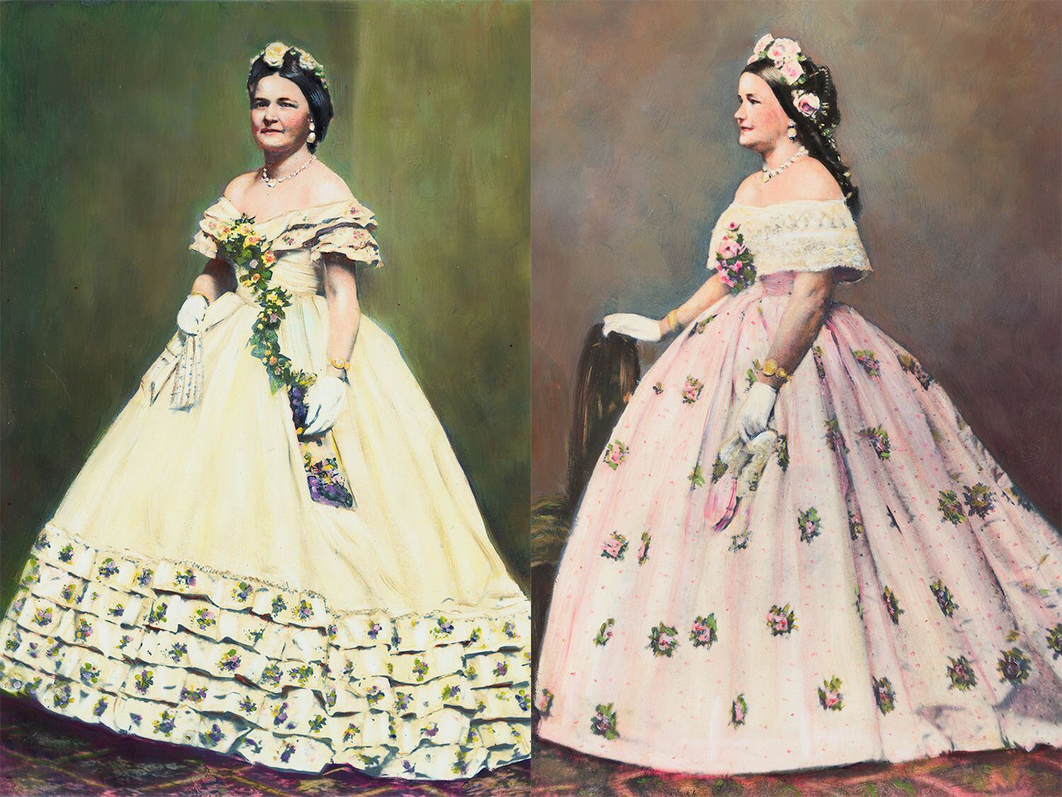 Mary Todd Lincoln con dos vestidos que se le atribuyen a Elizabeth Keckley.