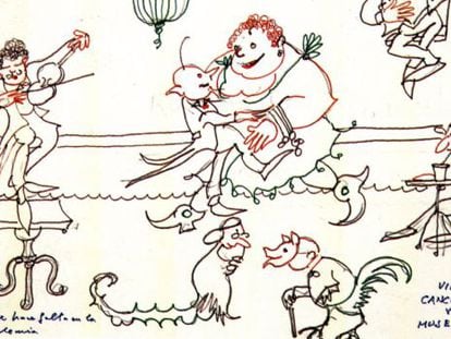 &#039;Vino, canciones y mujeres. Lo que hace falta en la Academia&#039;. Dibujo a rotulador de Julio Caro Baroja