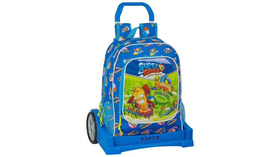 Mochila escolar con carrito para niños y niñas con un estampado de dibujos animados de Superzings