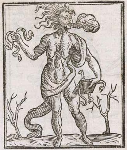 Grabado de la representación de la Herejía con un libro abierto del que salen serpientes, incluido en una obra de Cesare Ripa de 1603.