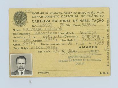 The Brazilian driver's license that Mengele used.  The photo is his and the document belonged to one of his protectors.