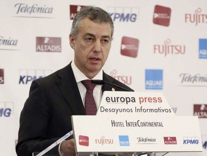 El lehendakari, I&ntilde;igo Urkullu, durante la conferencia que pronunci&oacute; en un desayuno informativo en Madrid.