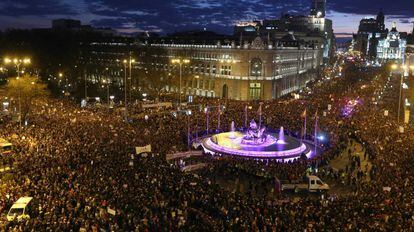 Manifestacion del pasado 8 de marzo. En la imagen, la fuente de la Cibeles, en el centro de Madrid.