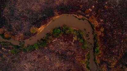 Imagen aérea de una zona quemada en el Pantanal, en Mato Grosso (Brasil), el pasado septiembre.