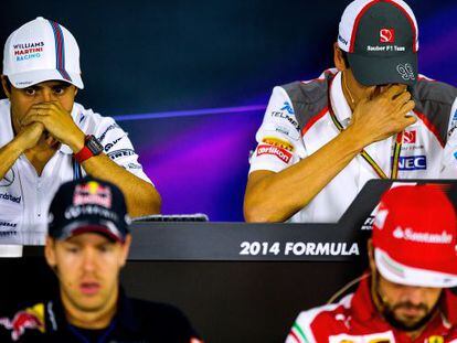 Massa y Sutil (arriba) junto a Vettel y Fernando Alonso en Sochi.