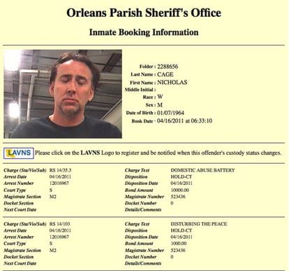La ficha policial de Nicolas Cage. En 2011 el actor fue detenido en Nueva Orleans por discutir con su la que era su mujer desde hacía siete años, Alice Kim Cage.