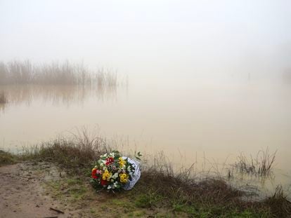Un ramo de flores en el lago donde fallecieron dos militares durante unas prácticas en la base militar de Cerro Muriano (Córdoba).