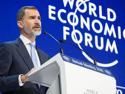 El rey Felipe VI durante su discurso en el Foro Económico Mundial en Davos (Suiza), el pasado 24 de enero.