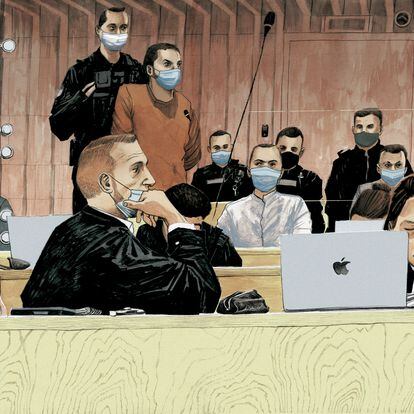 Ilustración de Mohamed Abrini durante su intervención en los juicios de los atentados de París.