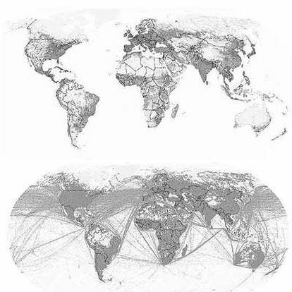 Mapamundi de impacto de la actividad humana en el planeta (arriba) y principales líneas de transporte (abajo).