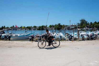 Un habitante recorre el puerto de abrigo en Celestún, Yucatán.
