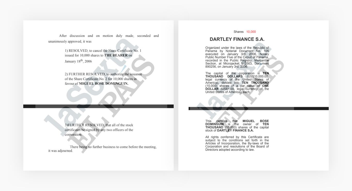 Extractos de los documentos que certifican el traspaso de acciones en Dartley Finance S.A. EL PAÍS/LA SEXTA/ICIJ