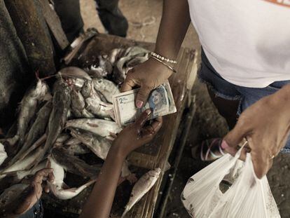 Una clienta compra pescado en el mercado de Riohacha (Colombia).