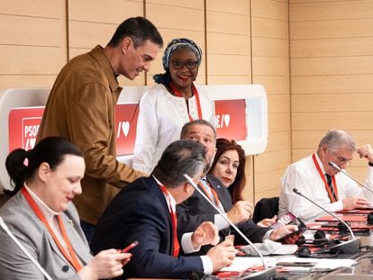 El presidente del Gobierno, Pedro Sánchez, este sábado durante la Internacional Socialista celebrada en la sede del partido en Madrid.