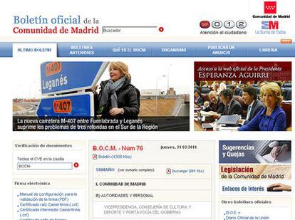 Un anuncio con los logros del Gobierno regional en la web del Boletín Oficial de la Comunidad de Madrid.