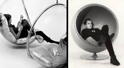 El futurismo imaginó un mundo lleno de formas redondeadas, burbujas transparentes y mucho plástico. A la izquierda, la versión evolucionada de la Ball Chair de Eero Aarnio, de un material transparente que permite pasar la luz y leer cómodamente en su interior. A la derecha, el diseñador, en su primera versión de la Ball Chair.