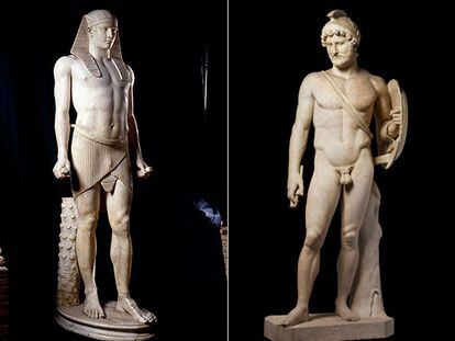 A la derecha, estatua de Antínoo, amante de Adriano. A la izquierda el propio emperador.