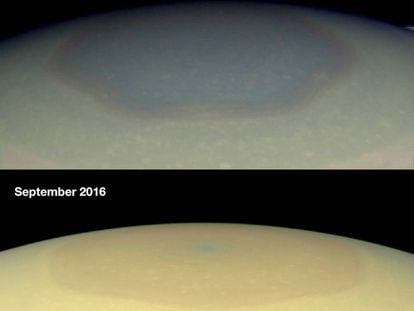 Dos im&aacute;genes que muestran el cambio de color del polo norte de Saturno.