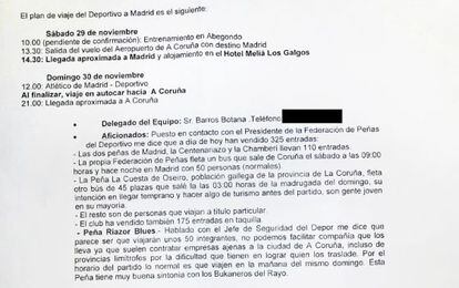 Correo remitido por el inspector de policía que coordina los espectáculos deportivos de A Coruña a la Oficina Nacional del Deporte (del que se han borrado datos personales)