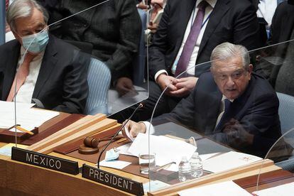 López Obrador preside junto a António Guterres, secretario general de la ONU, la sesión del Consejo de Seguridad, este martes en Nueva York.