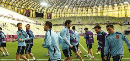 Los jugadores espa&ntilde;oles, durante el entrenamiento.