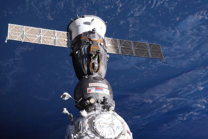 The Soyuz, photographed by cosmonaut Sergei Korsakov from the ISS.