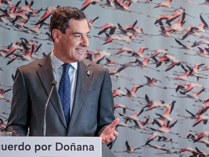 El presidente de la Junta de Andalucía, Juanma Moreno, en la firma del acuerdo sobre Doñana con el Gobierno central, el pasado noviembre.
