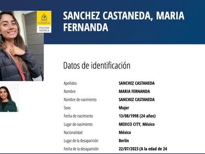 Ficha de búsqueda emitida por la Interpol de María Fernanda Sánchez, la joven mexicana que desapareció en las calles de Berlín el sábado 22 de julio.