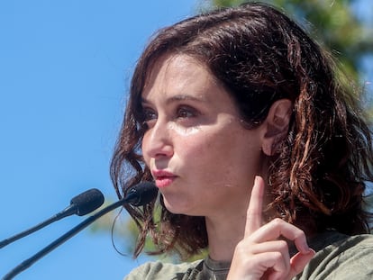 La presidenta de Madrid, Isabel Díaz Ayuso, durante la presentación de los candidatos a las elecciones municipales de la zona oeste, el domingo.