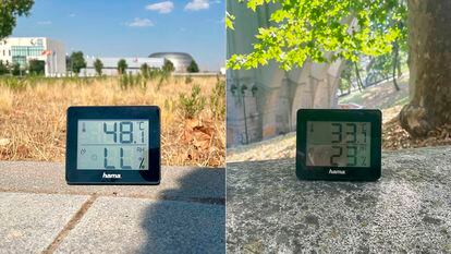 La temperatura del suelo en una avenida de Valdebebas (izquierda) y en proximidad de la calle de Segovia (derecha). 