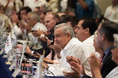 El presidente de México, Andrés Manuel López Obrador, durante su participación en la Cumbre de Alcaldes de América del Norte en Baja California Sur (México).