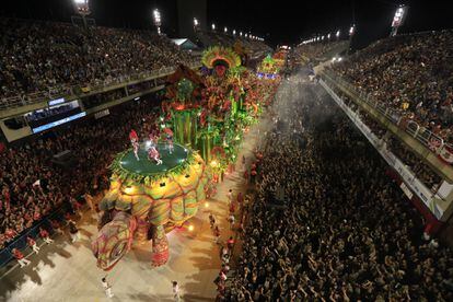Troupes of the Yanomami culture cross the Sambódromo, on February 12 during the Rio Carnival.
